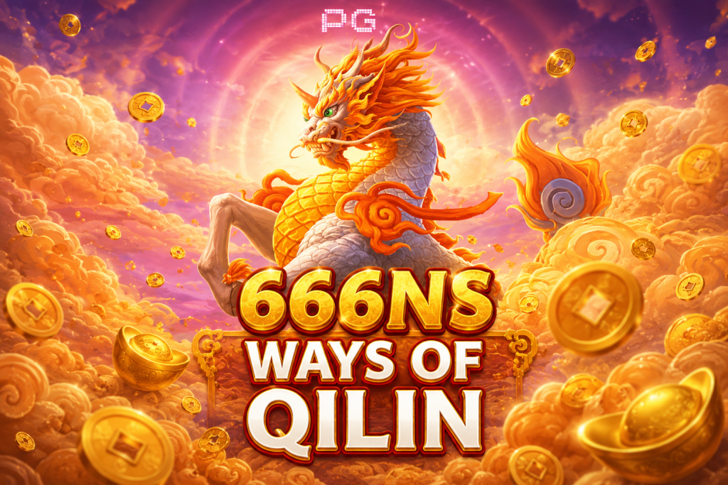 666NS Ways of Qilin dengan tema Qilin, koin emas, dan nuansa mitologi Timur