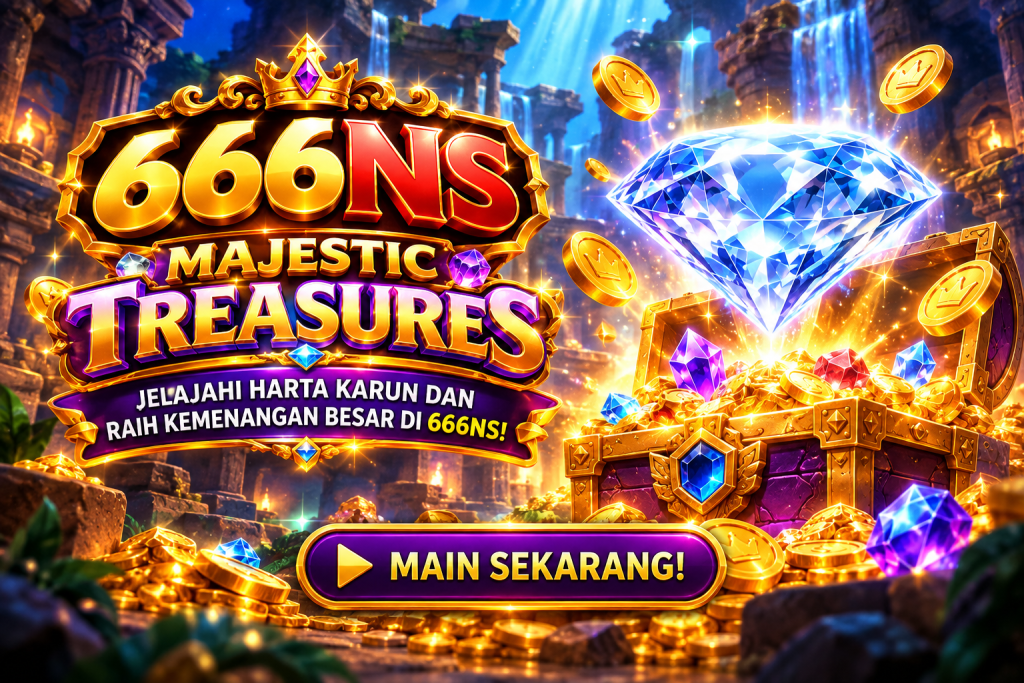 Game 666NS Majestic Treasures dengan berlian biru dan peti harta karun emas.