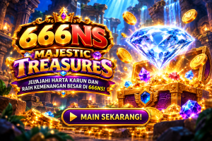 Game 666NS Majestic Treasures dengan berlian biru dan peti harta karun emas.